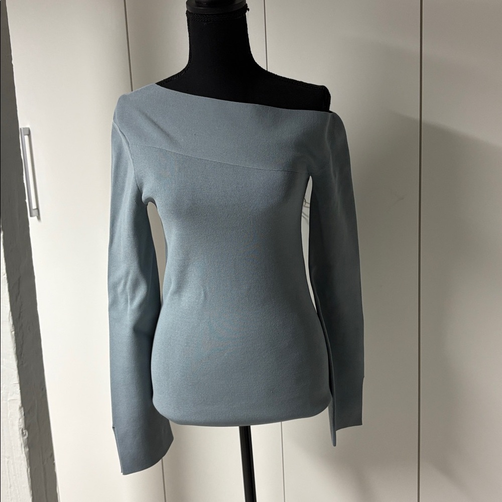 Theory Off-Shoulder Sage-Green Sweater